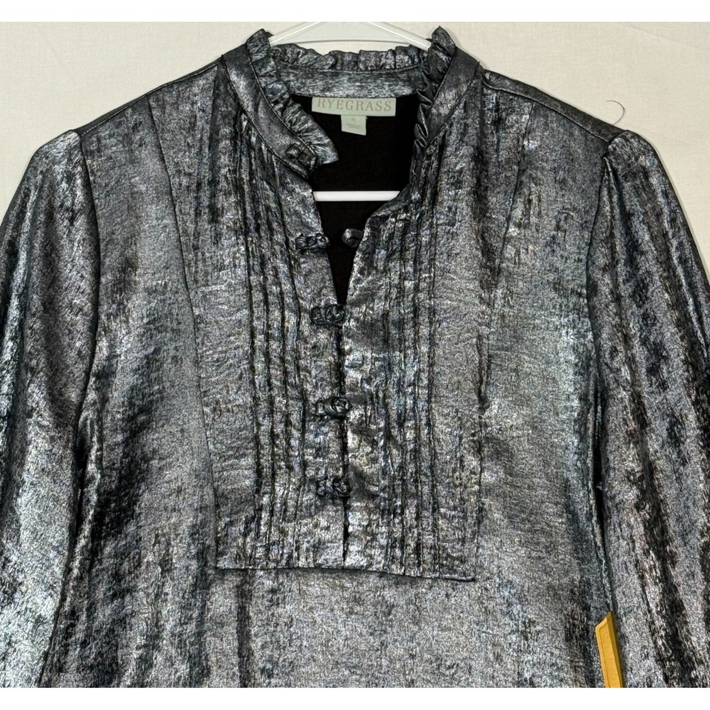 Ryegrass Womens Mock Neck Long Sleeve Blouse Icy‎ Blue Metallic Small